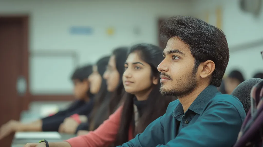 Indian students attentively listening during a lecture in an International Foundation Year classroom